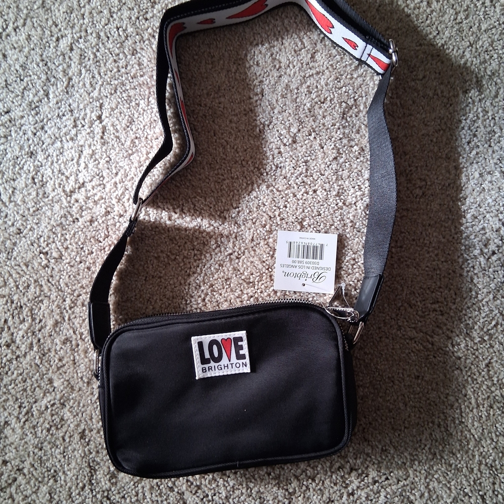 Brighton Black Crossbody Bag with LOVE Patch and Red-Accented Strap